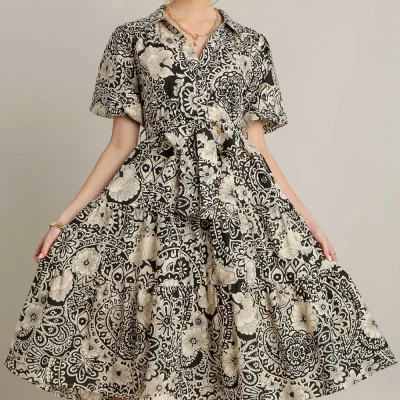 Full Size Mixed Print A-Line Tiered Midi Dress Plus Size - Black