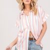 Full Size Multi Stripe Button Down Short Sleeve Shirt Plus Size - Pink