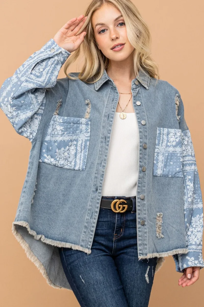 Full Size Paisley Print Quilted Sleeves Denim Jacket - Lt.Denim