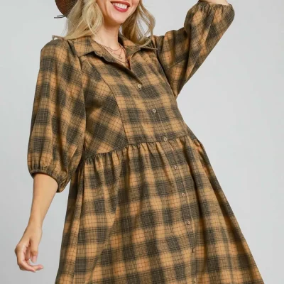 Full Size Plaid Button Front Collared Neck Mini Shirt Dress Plus Size - Mustard