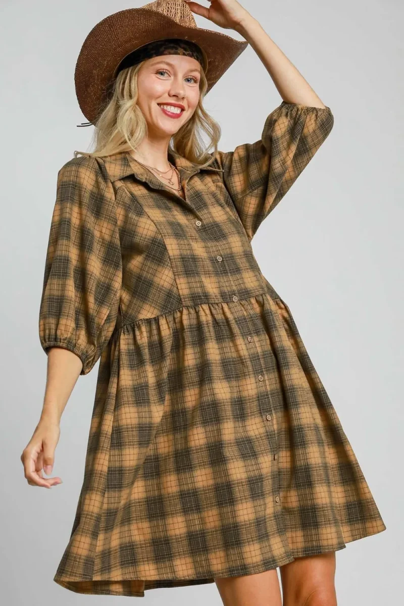 Full Size Plaid Button Front Collared Neck Mini Shirt Dress Plus Size - Mustard
