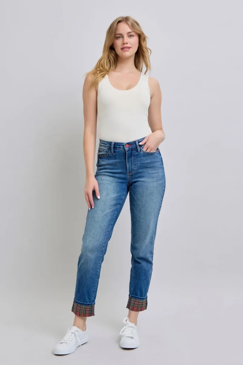 Full Size Plaid Print Cuff Straight Leg Jeans With Pockets - Medium