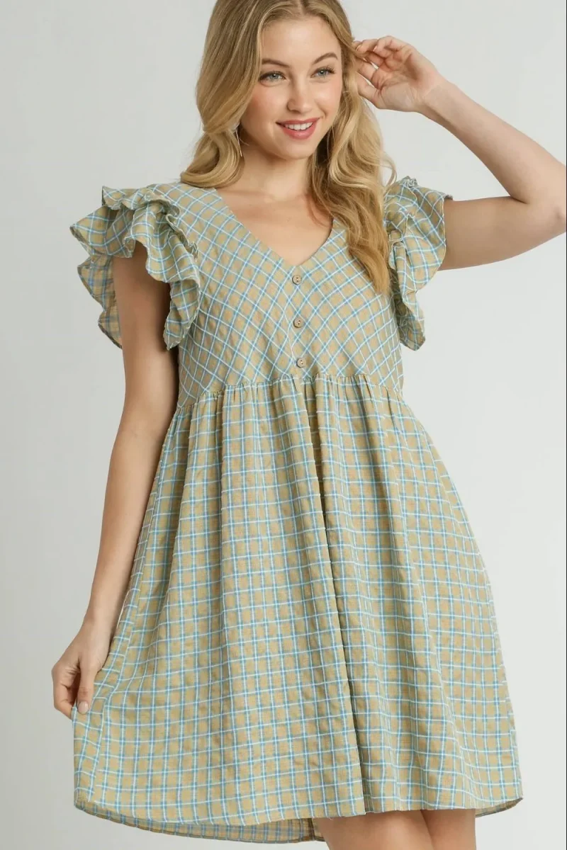 Full Size Plaid V-Neck Ruffle Cap Sleeve Dress Plus Size - Sage