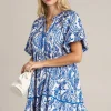 Full Size Printed Notched Puff Sleeve Mini Dress Plus Size - Royal Blue