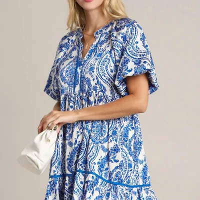 Full Size Printed Notched Puff Sleeve Mini Dress Plus Size - Royal Blue