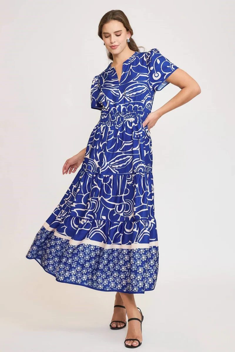 Full Size Printed Notched Short Sleeve Tiered Dress Plus Size - Royal Blue
