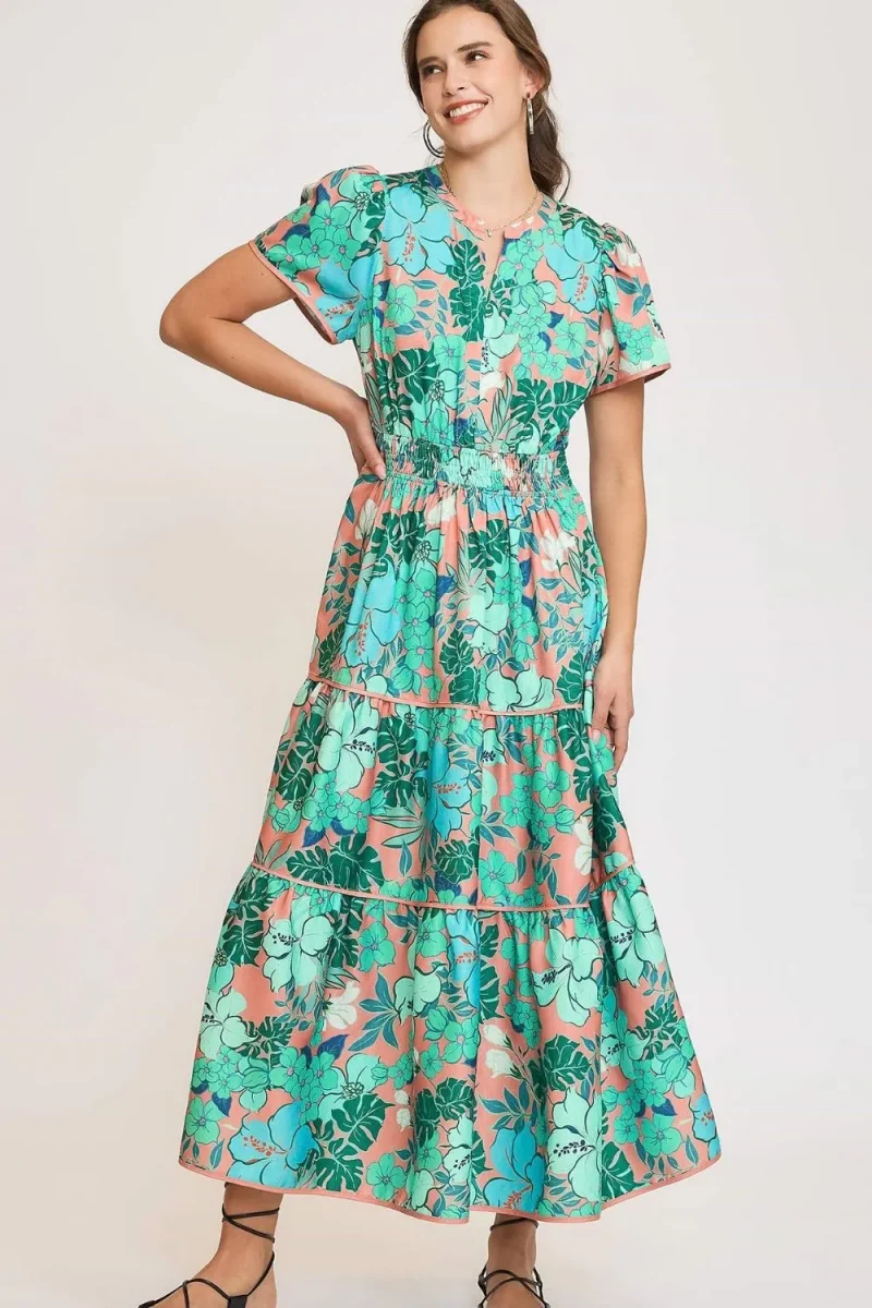 Full Size Printed Notched Short Sleeve Tiered Dress Plus Size - Teal