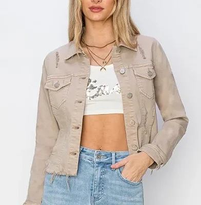 Full Size Raw Hem Button Up Cropped Denim Jacket Plus Size - Khaki