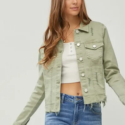 Full Size Raw Hem Button Up Cropped Denim Jacket Plus Size - Sage