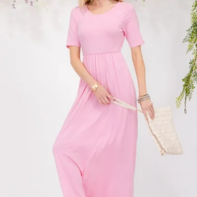 Full Size Round Neck Short Sleeve Maxi Dress with Pockets Plus Size - Pink