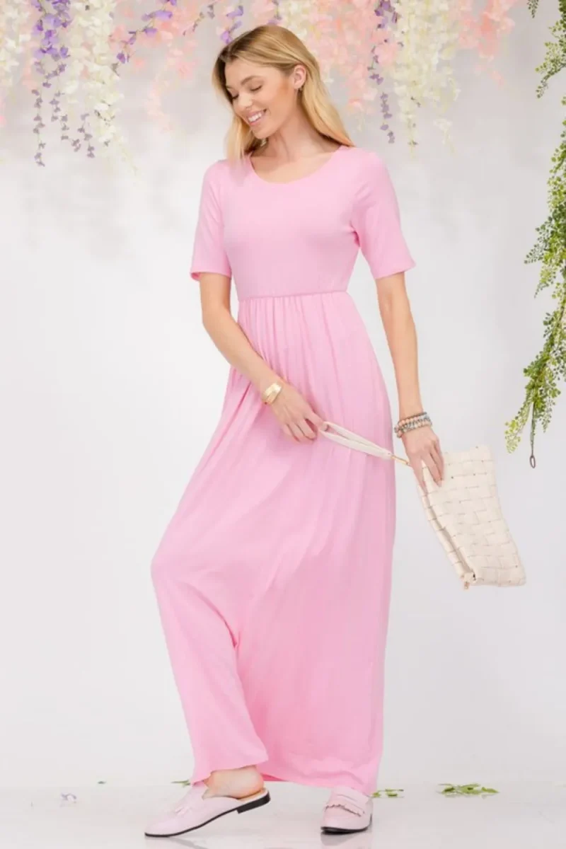 Full Size Round Neck Short Sleeve Maxi Dress with Pockets Plus Size - Pink