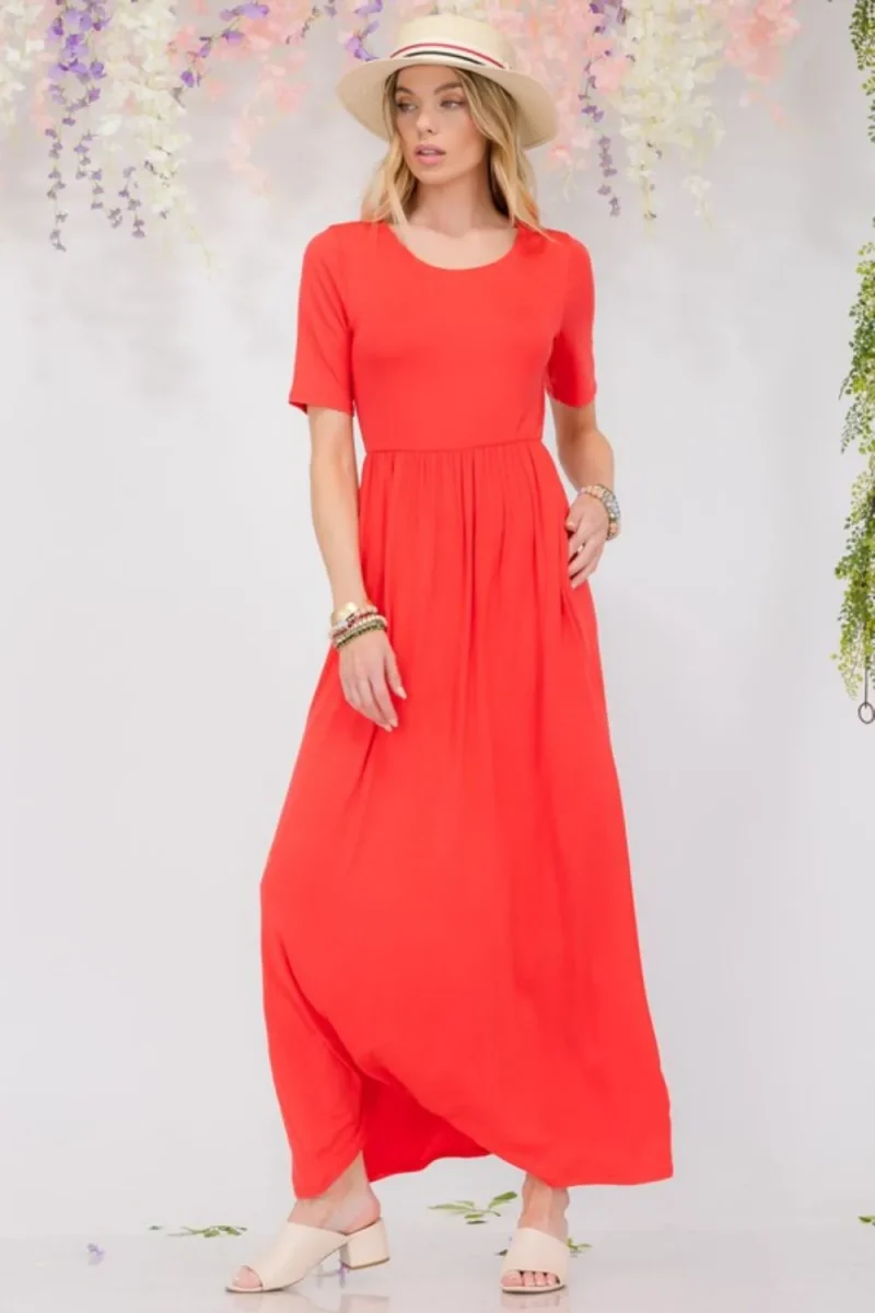 Full Size Round Neck Short Sleeve Maxi Dress with Pockets Plus Size - Red