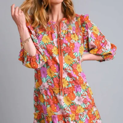 Full Size Ruffled Flower Print Tie Neck Tiered Dress Plus Size - Brown Mix