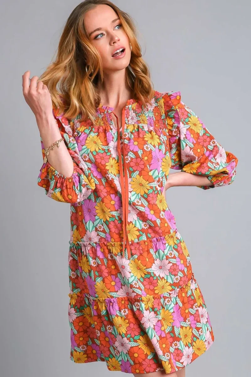 Full Size Ruffled Flower Print Tie Neck Tiered Dress Plus Size - Brown Mix