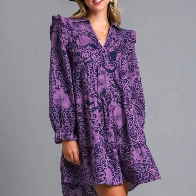 Full Size Ruffled Printed Piping Detail Long Sleeve Dress Plus Size - Violet