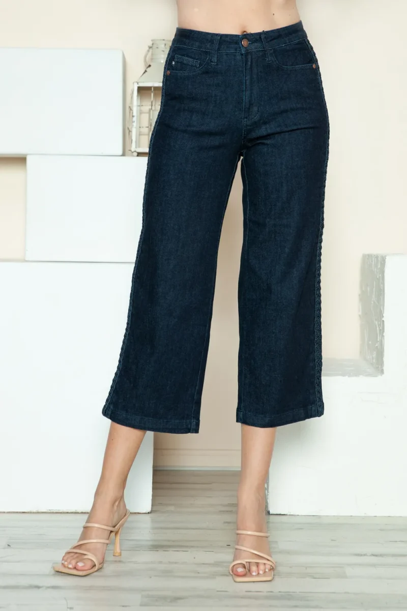 Full Size Side Seam Braid Detail Crop Wide Leg Jeans - Dark