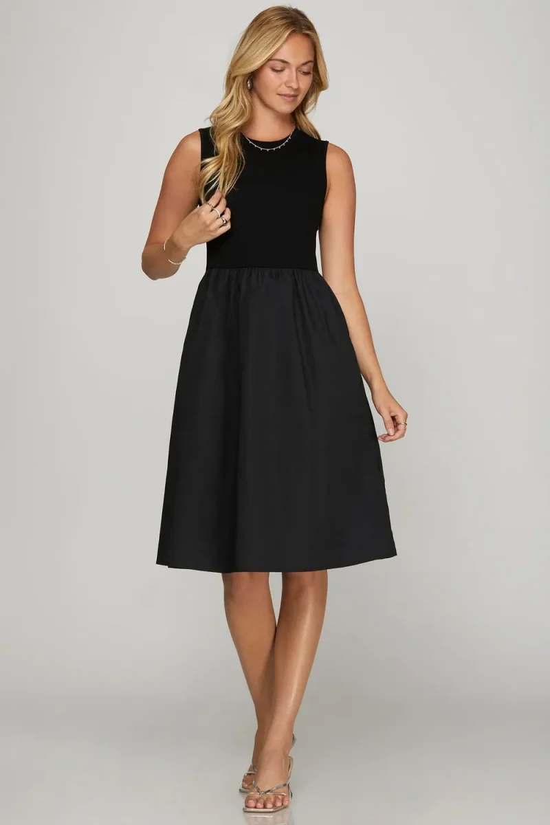 Full Size Sleeveless Poplin Woven Midi Dress with Pockets Plus Size - Black