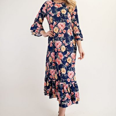 Full Size Soft Floral Ruffle Trim Dress Plus Size - Navy Floral