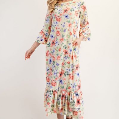 Full Size Soft Floral Ruffle Trim Dress Plus Size - Yellow Floral