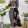 Full Size Stripe Floral Contrast Midi-Dress with Buttons Plus Size - Black Floral/Stripe