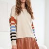Full Size Stripe Sleeve Cozy Sweater Plus Size - Ivory/Stripe