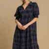 Full Size Swiss Dot Jacquard Tiered Midi Dress Plus Size - Dark Navy