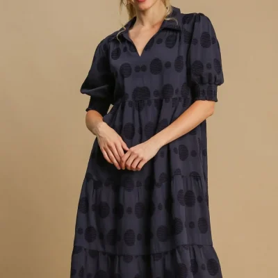 Full Size Swiss Dot Jacquard Tiered Midi Dress Plus Size - Dark Navy