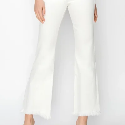 Full Size Tummy Control Crop Flare Step Hem Pants - White