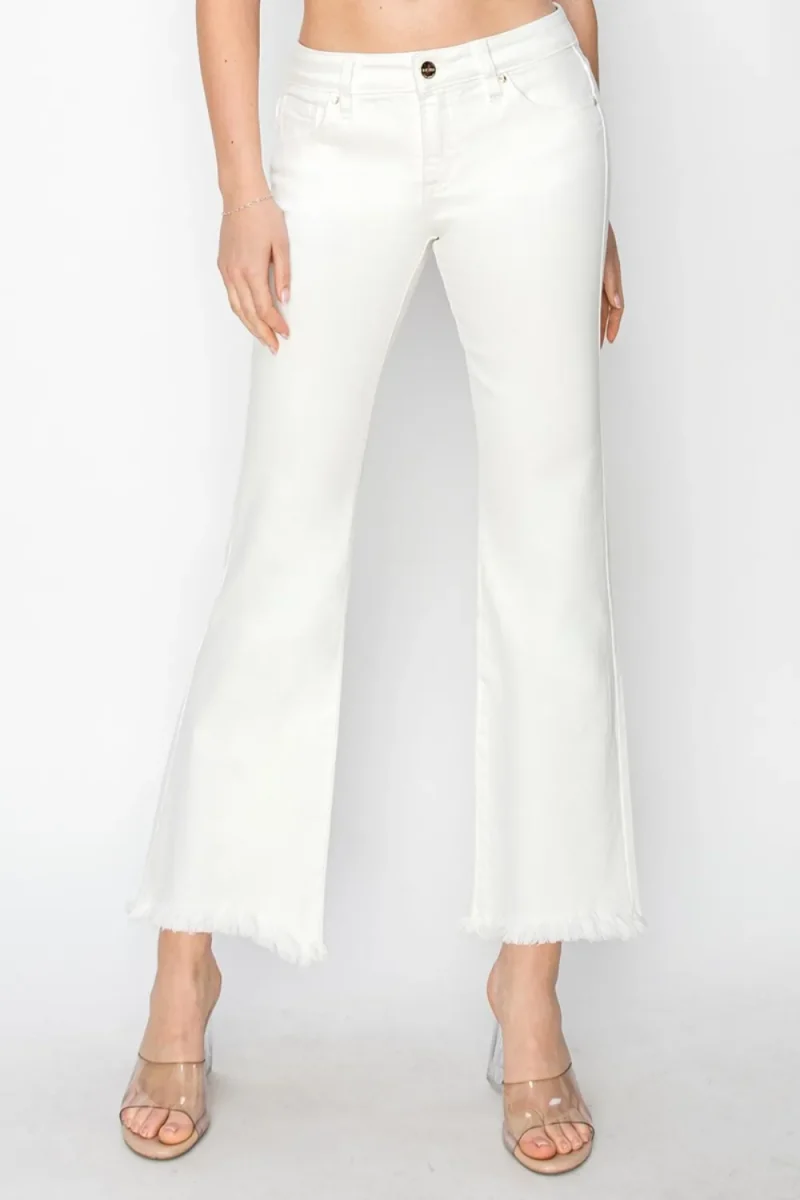 Full Size Tummy Control Crop Flare Step Hem Pants - White