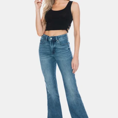 Full Size Tummy Control Cut Hem Flare Jeans - Medium