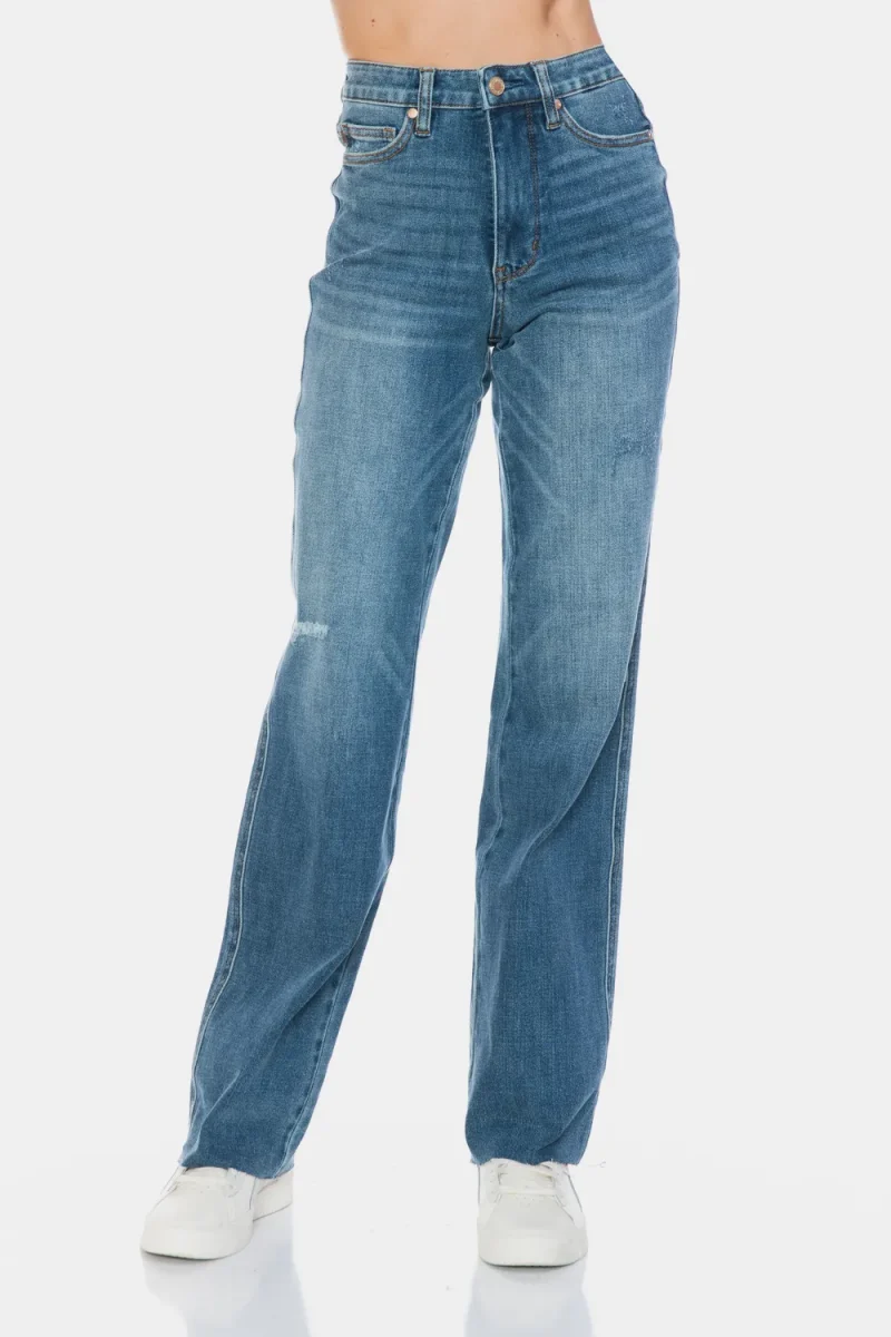 Full Size Tummy Control Cut Raw Hem Straight Jeans - Medium