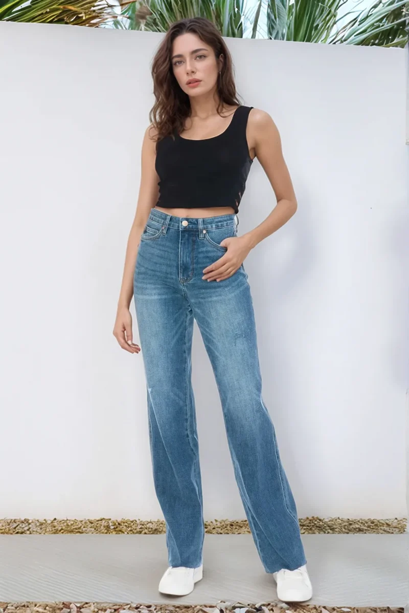 Full Size Tummy Control Cut Raw Hem Straight Jeans - Medium