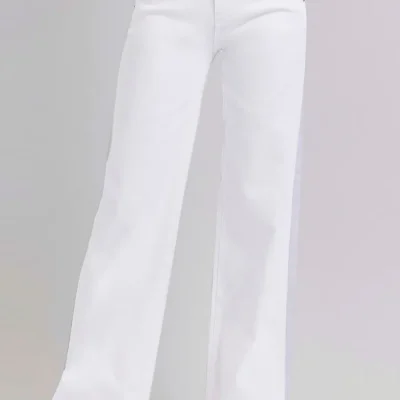 Full Size Tummy Control Double Button Wide Leg Jeans - White