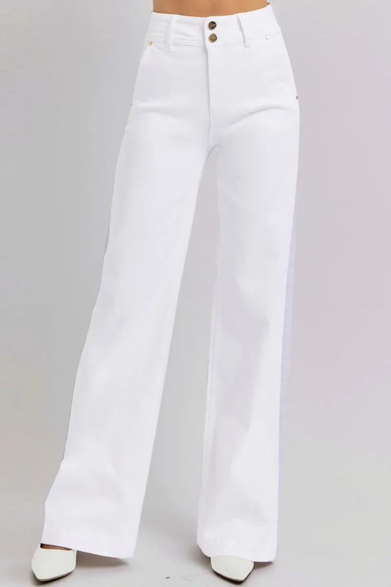 Full Size Tummy Control Double Button Wide Leg Jeans - White