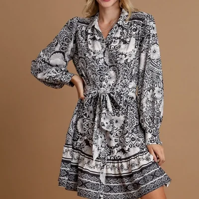 Full Size Two Tone Floral Border Print Tie Waist Mini Dress Plus Size - Black