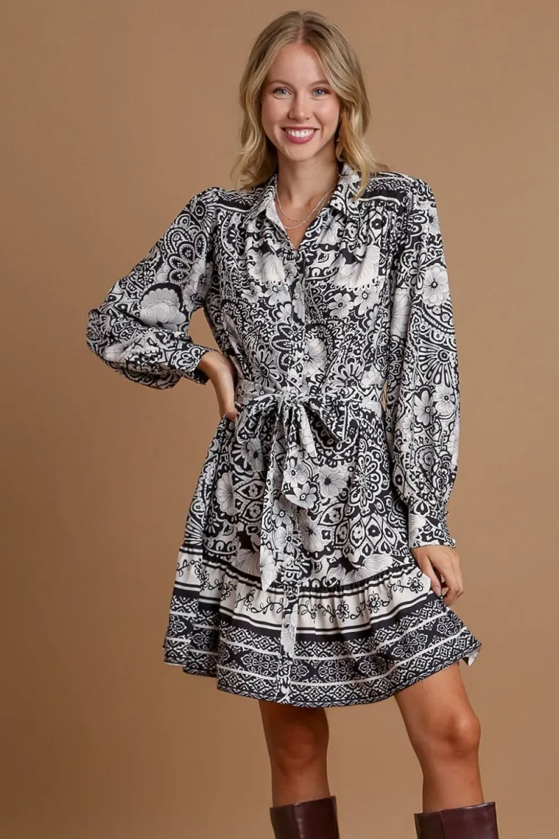 Full Size Two Tone Floral Border Print Tie Waist Mini Dress Plus Size - Black