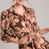 Full Size Two Tone Floral Print Puff Sleeve Tie Waist Dress Plus Size - Brown
