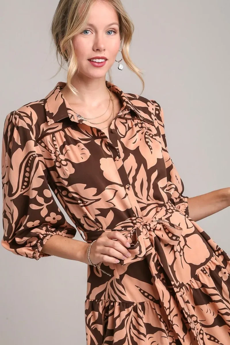 Full Size Two Tone Floral Print Puff Sleeve Tie Waist Dress Plus Size - Brown