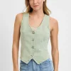 Full Size V Neck Button Down Vest Plus Size - Pistachio