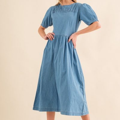 Full Size Washed Chambray Midi Dress Plus Size - Denim Blue