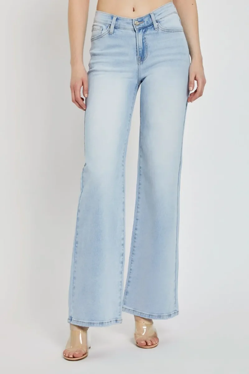 Full Size Wide Leg V Dipped Front Waist Jeans - Light