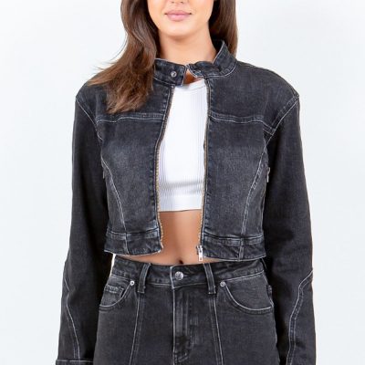 Full Size Zip Up Cropped Denim Rider Jacket Plus Size - Black