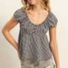 Gingham Scoop Neck Cap Sleeve Blouse - Black