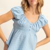 Gingham Scoop Neck Cap Sleeve Blouse - Blue