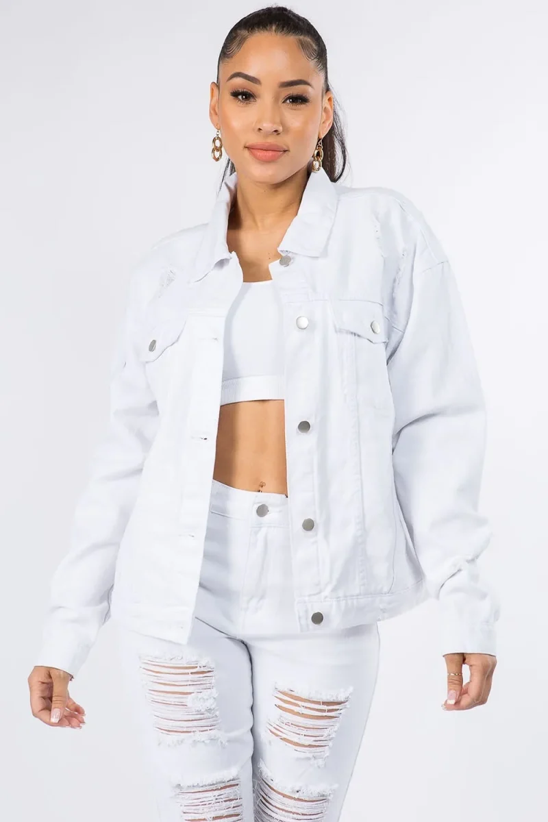 Graphic Distressed Long Sleeve Denim Jacket - White
