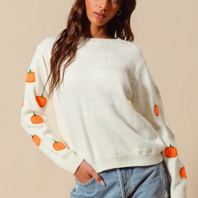 Halloween Pumpkin Applique Embroidered Sweater Top - Ivory