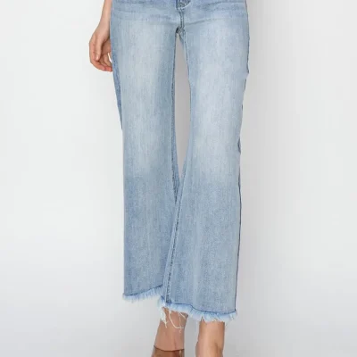 High Rise Crop Wide Fray Hem Jeans - Light