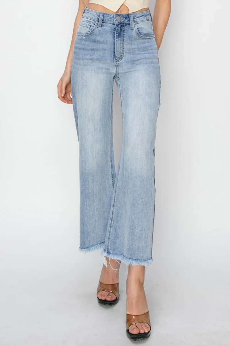 High Rise Crop Wide Fray Hem Jeans - Light
