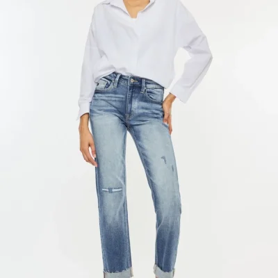 High Rise Cuffed Straight Jeans - Medium