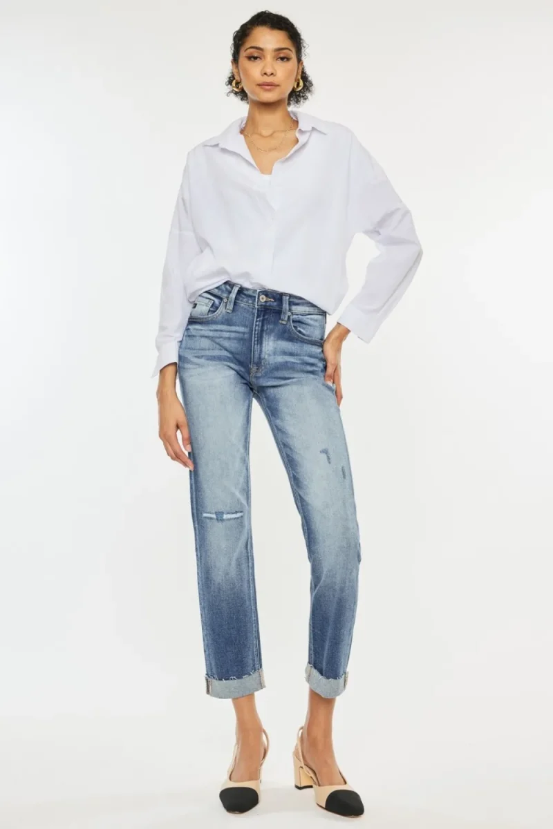 High Rise Cuffed Straight Jeans - Medium